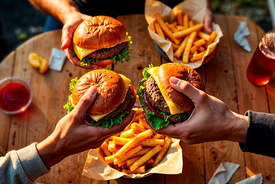 Mit Freunden Burger essen und gemeinsam genießen – saftige Burger und knusprige Pommes bei S-FACTORY in Meppen.